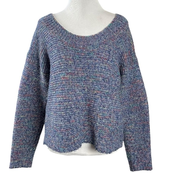 Anthropologie Moth Boatneck Chunky Knit Boxy Crop Sweater in Blue Rainbow Medium - Picture 1 of 11